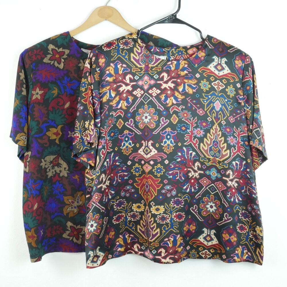 Vintage 90s‎ Silk Blouse Lot 1X Short Sleeve Boxy Tee Grunge Moody Floral Boho